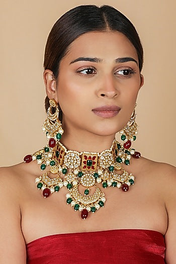 Gold Plated Pearl & Emerald Green Beaded Necklace Set