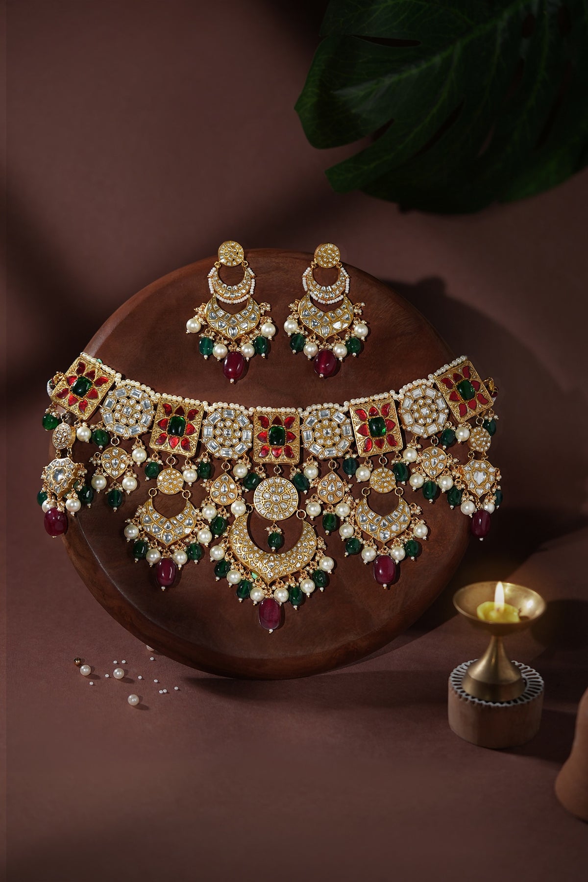 Gold Plated Pearl & Emerald Green Beaded Necklace Set