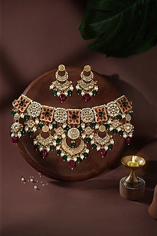 Gold Plated Pearl & Emerald Green Beaded Necklace Set