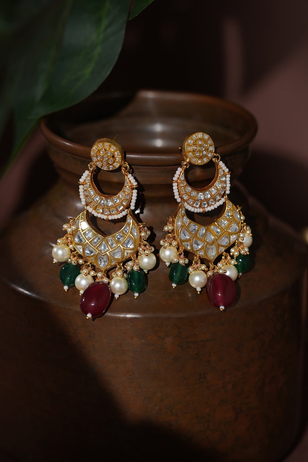 Gold Plated Red & Green Jadtar Stone Chandbali Earrings