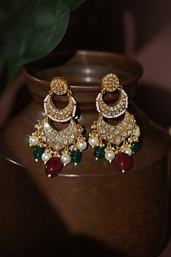 Gold Plated Red & Green Jadtar Stone Chandbali Earrings