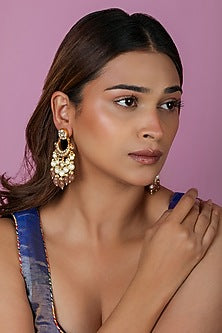 Gold Plated Jadtar Pink Beaded Jadau Chandbali Earrings
