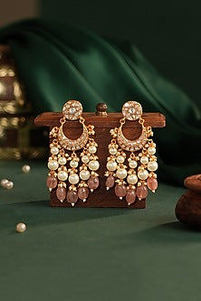 Gold Plated Jadtar Pink Beaded Jadau Chandbali Earrings