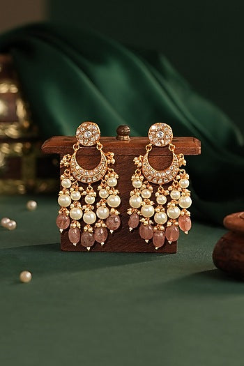 Gold Plated Jadtar Pink Beaded Jadau Chandbali Earrings