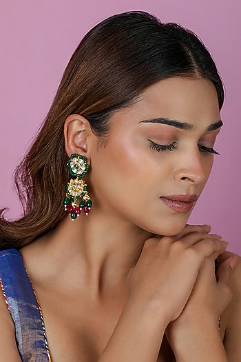 Gold Plated Pastel Ruby & Emerald Stone Chandbali Earrings