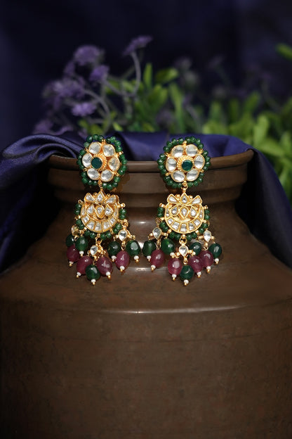 Gold Plated Pastel Ruby & Emerald Stone Chandbali Earrings
