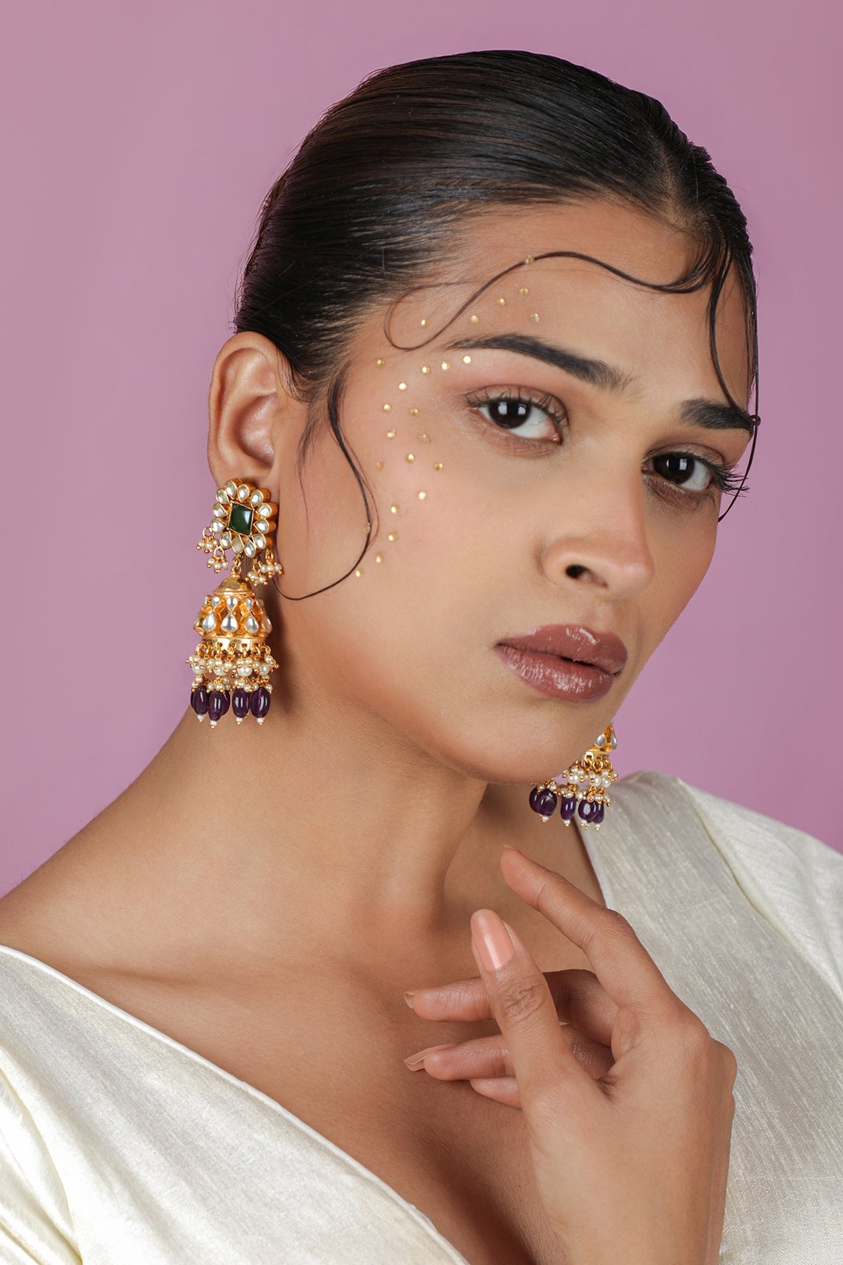 Gold Plated Emerald Stone & Purple Beaded Jhumka Earrings