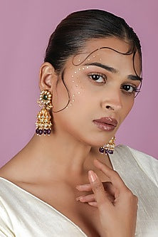 Gold Plated Emerald Stone & Purple Beaded Jhumka Earrings