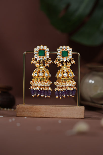 Gold Plated Emerald Stone & Purple Beaded Jhumka Earrings