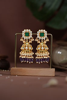 Gold Plated Emerald Stone & Purple Beaded Jhumka Earrings