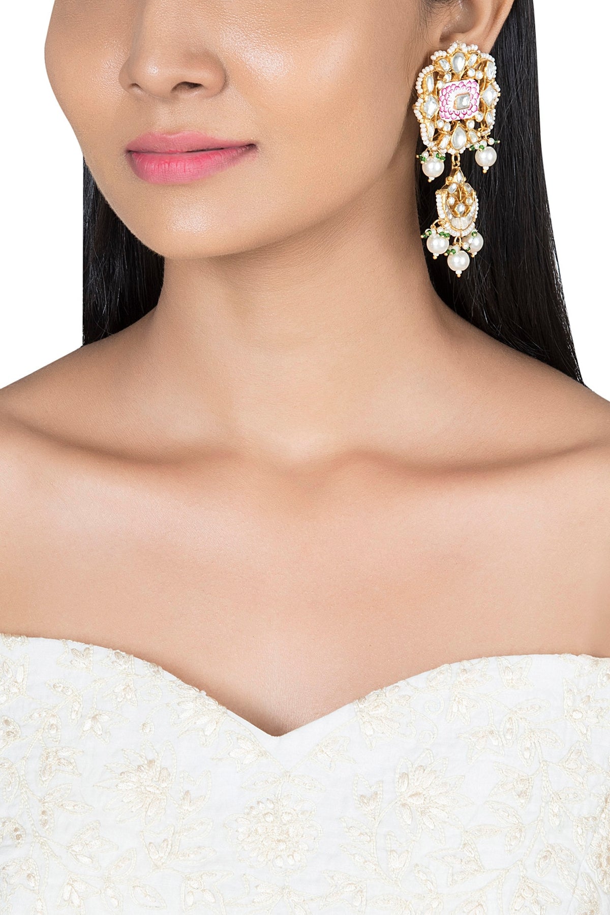 Gold Plated Faux Pearl Meenakari Earrings