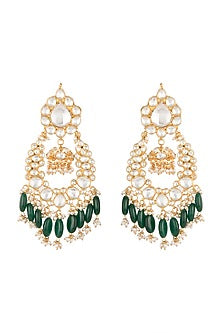 Gold Plated Green Bead Drop & Small Jhumki Earrings