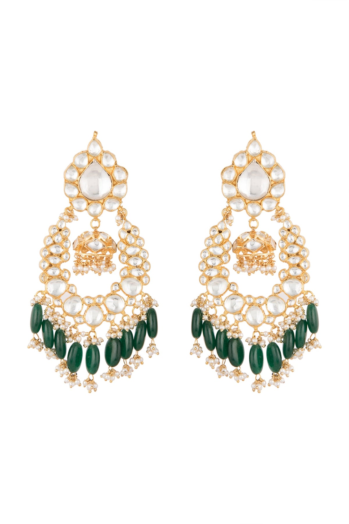 Gold Plated Green Bead Drop & Small Jhumki Earrings
