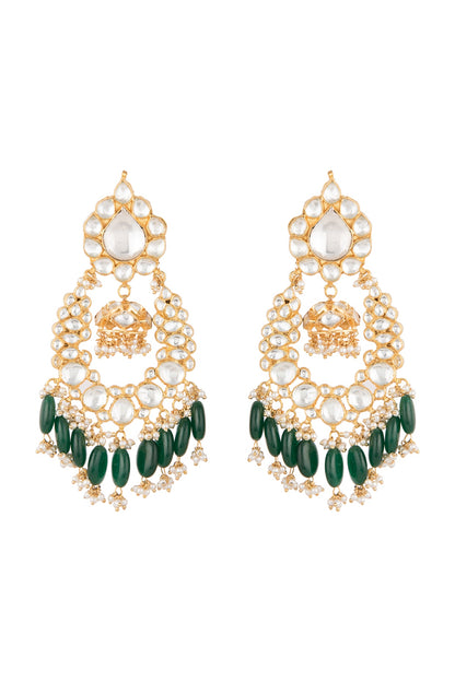 Gold Plated Green Bead Drop & Small Jhumki Earrings