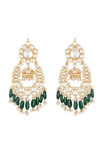 Gold Plated Green Bead Drop & Small Jhumki Earrings