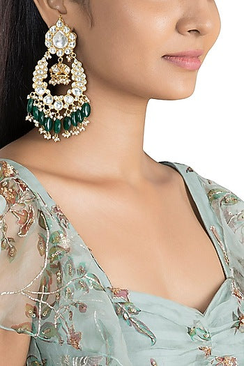 Gold Plated Green Bead Drop & Small Jhumki Earrings