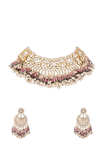 Gold Plated Faux Pearl, Bead & Stone Necklace Set