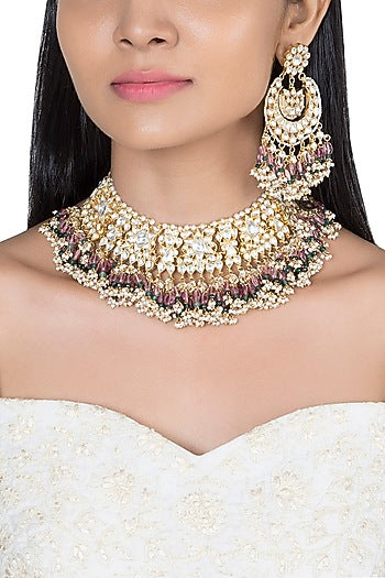 Gold Plated Faux Pearl, Bead & Stone Necklace Set