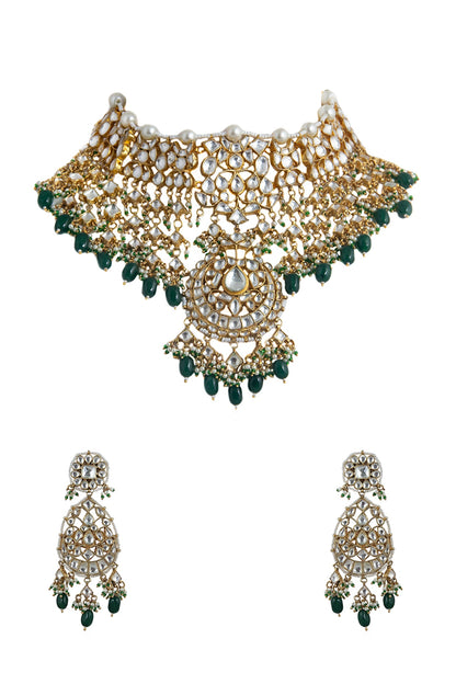 Gold Plated Green Beaded Bridal Necklace Set