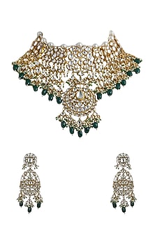 Gold Plated Green Beaded Bridal Necklace Set