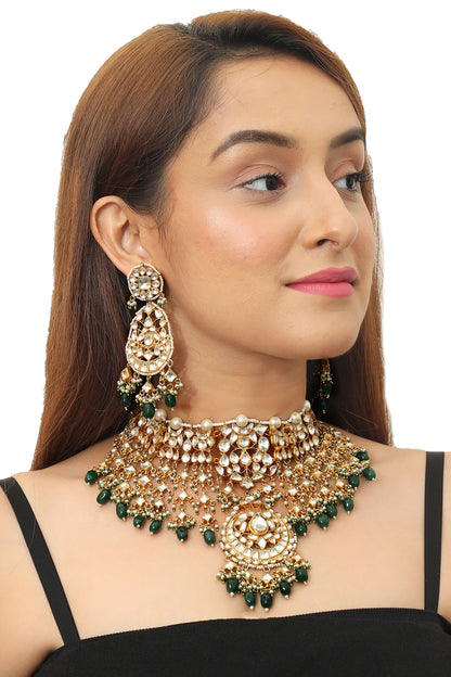 Gold Plated Green Beaded Bridal Necklace Set