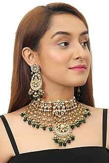 Gold Plated Green Beaded Bridal Necklace Set