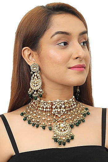 Gold Plated Green Beaded Bridal Necklace Set