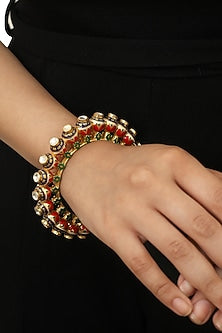 Gold Plated Pearl & Glass Beads Kada Bracelets (Set of 2)