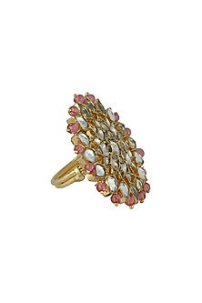 Gold Plated Jadtar Stone & Beaded Ring