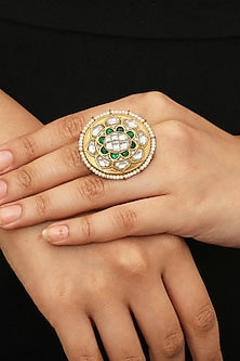Gold Plated White & Green Stone Ovel Ring