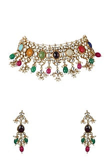 Gold Plated Multi Colored Choker Necklace Set