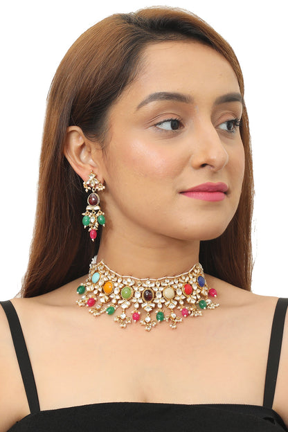 Gold Plated Multi Colored Choker Necklace Set