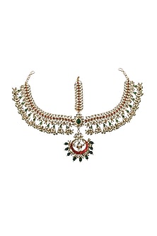 Gold Plated Red & Green Jadtar Stone Mathapatti