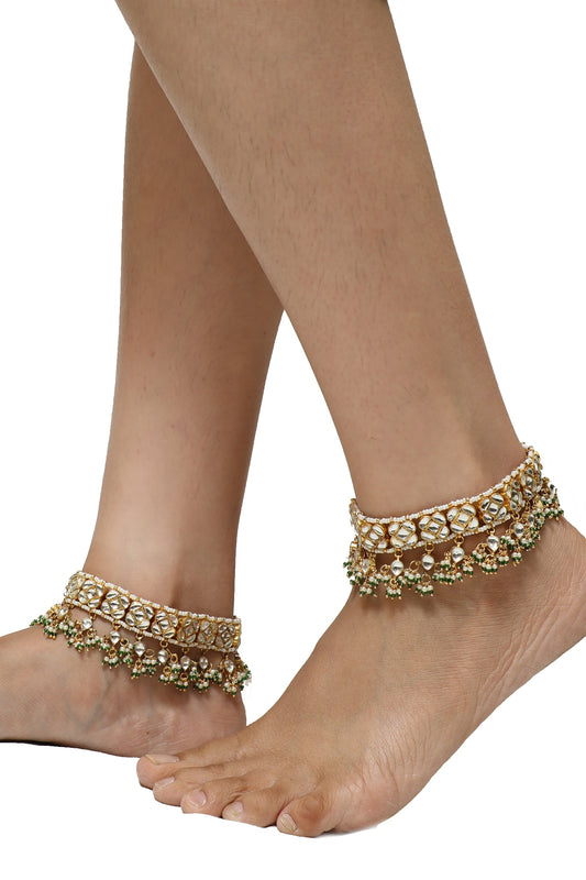 Gold Plated White Jadtar Stone Payal