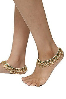 Gold Plated White & Green Jadtar Stone Payal