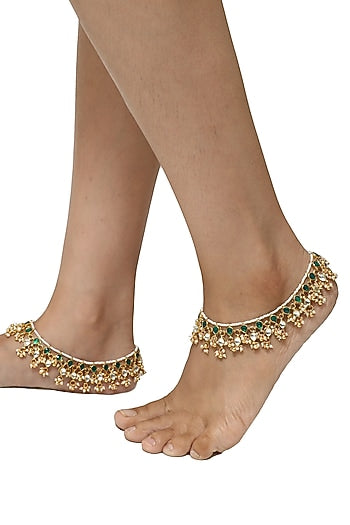 Gold Plated White & Green Jadtar Stone Payal