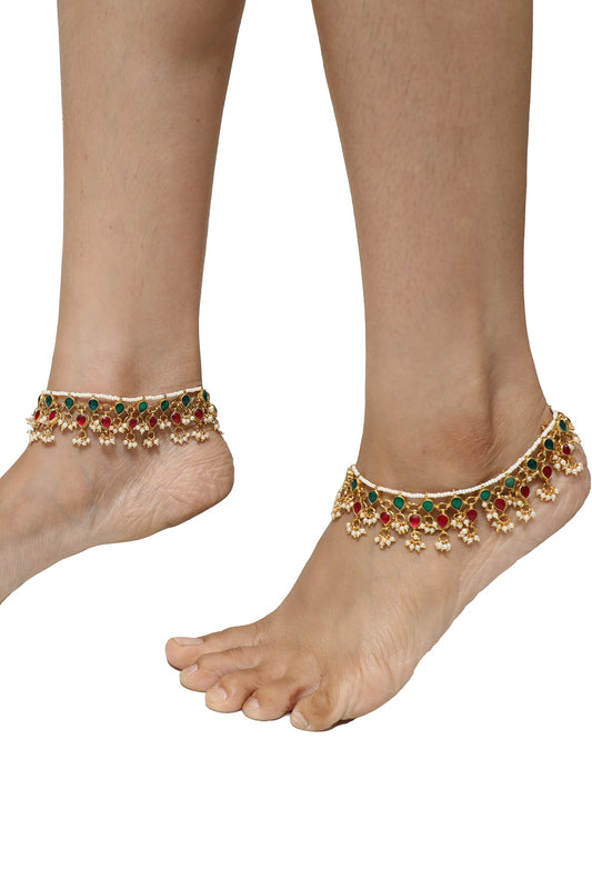 Gold Plated Green & Pink Jadtar Stone Payal