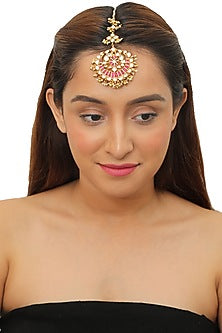 Gold Plated Pink & White Jadtar Stone Maang Tikka