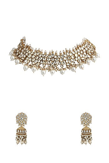 Gold Plated Jadtar Stones Floral Necklace Set