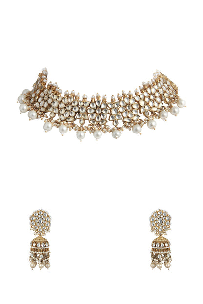 Gold Plated Jadtar Stones Floral Necklace Set