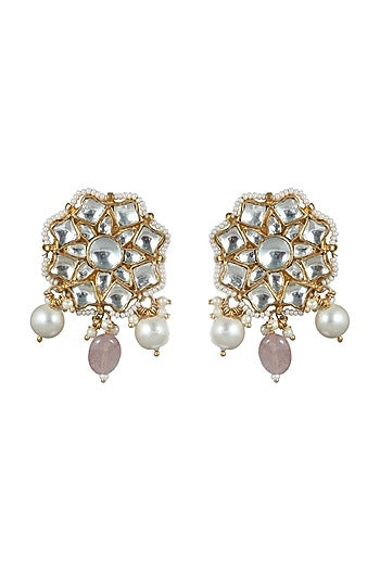 Gold Plated Pink & White Beaded Earrings