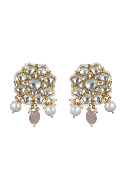 Gold Plated Pink & White Beaded Earrings