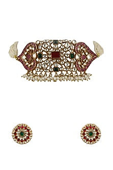 Gold Plated Pink & Green Choker Necklace Set