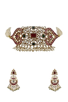 Gold Plated Pink & White Choker Necklace Set