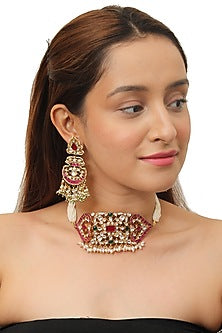 Gold Plated Pink & White Choker Necklace Set