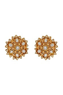 Gold Finish Jadtar Stone Floral Stud Earrings