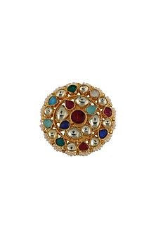 Gold Plated Multi-Colored Jadtar Stone Floral Ring