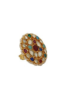 Gold Plated Multi-Colored Jadtar Stone Floral Ring