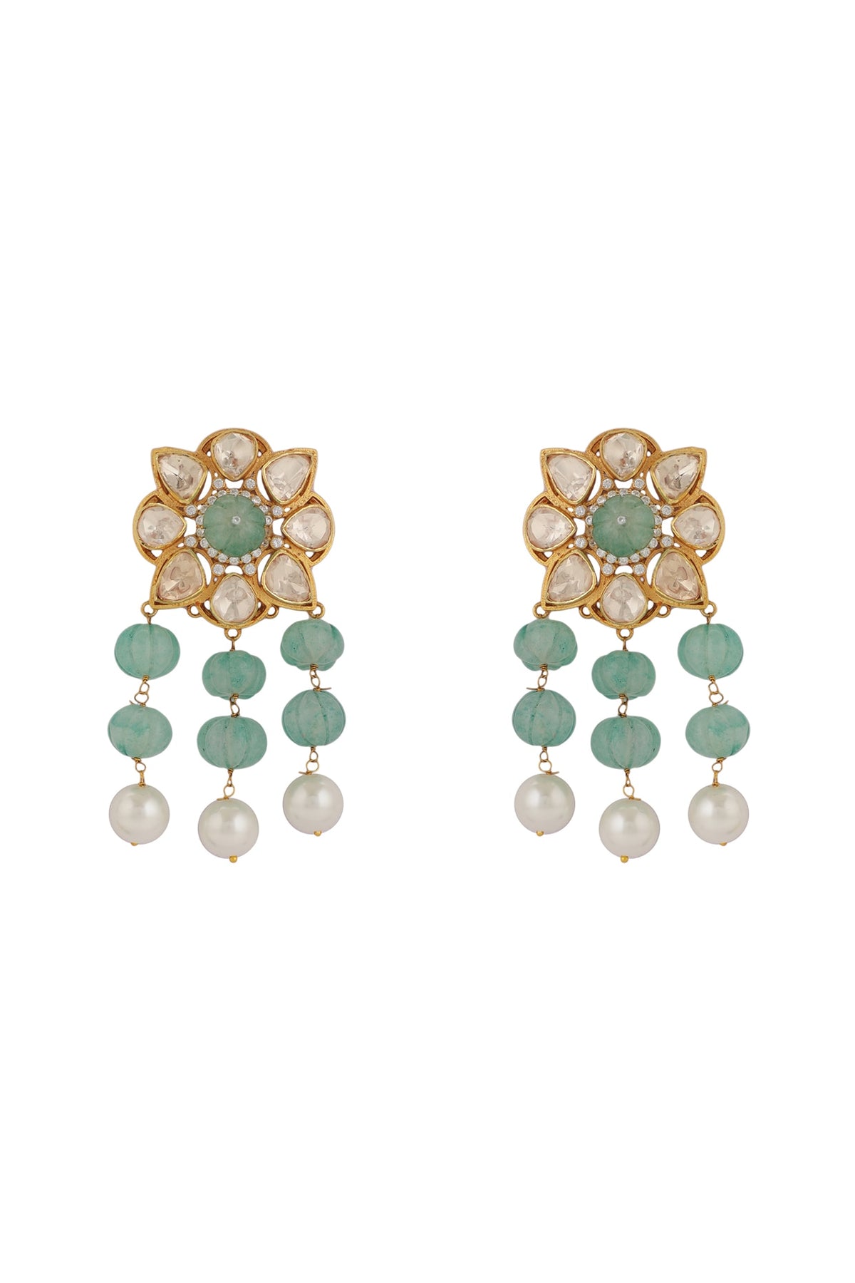 Gold Finish Sea Green Moissanite Stone Floral Earrings