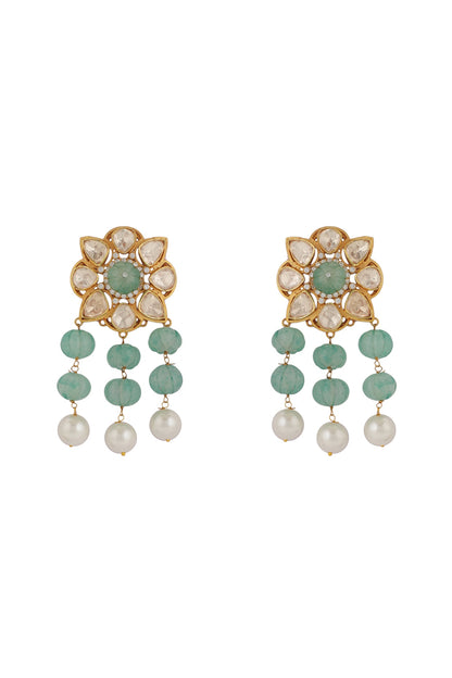 Gold Finish Sea Green Moissanite Stone Floral Earrings